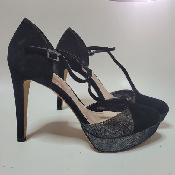 Vince Camuto Akido Leather Platform T-Strap Heels Gunmetal and Black Suede - Picture 15 of 16